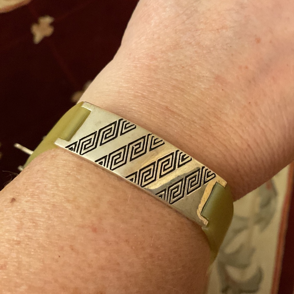 Sterling Silver 925 Greek Key Design Silicone Band In Lemon Unisex Bracelet
